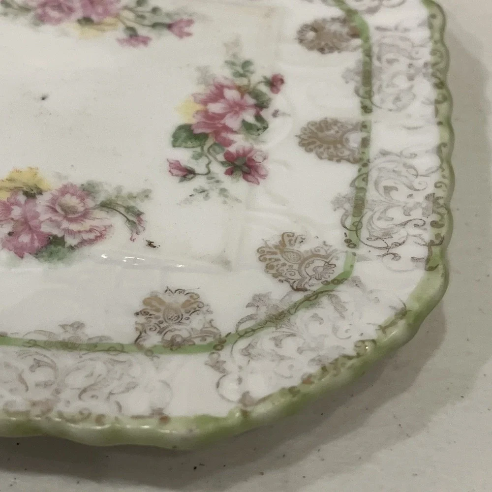 Imperial China Austria Unusual Plate Trivet Floral Gold Green Square Octagonal